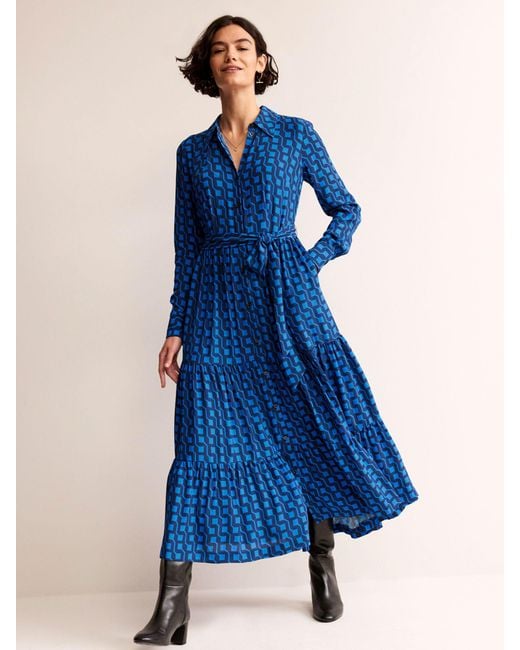 Boden Blue Geometric Cube Tiered Maxi Shirt Dress
