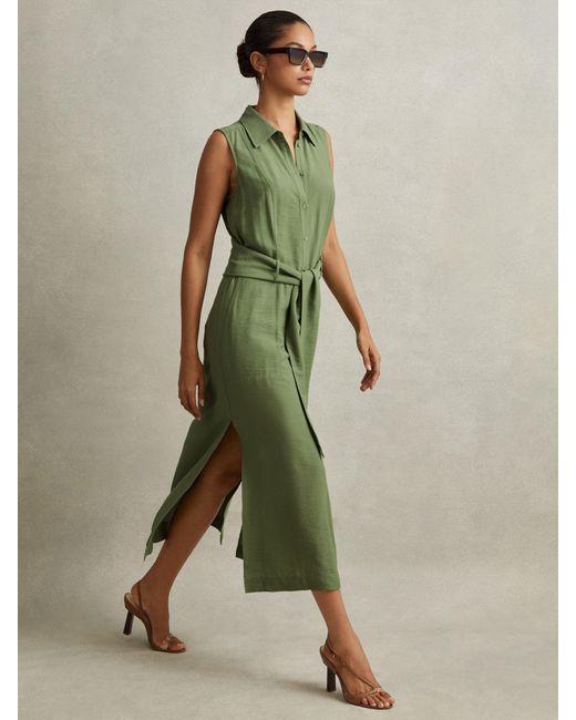 Reiss Green Petite Morgan Sleeveless Midi Shirt Dress