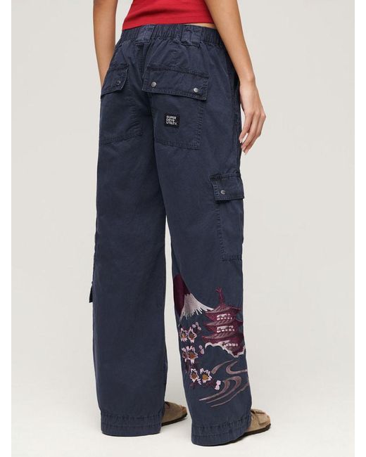 Superdry Blue Low Rise Embroidered Cargo Trousers