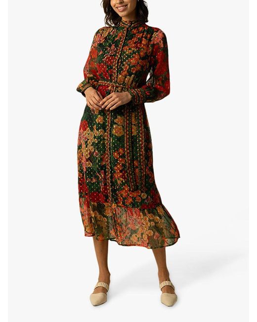 Raishma Brown Olive Floral Midi Dress