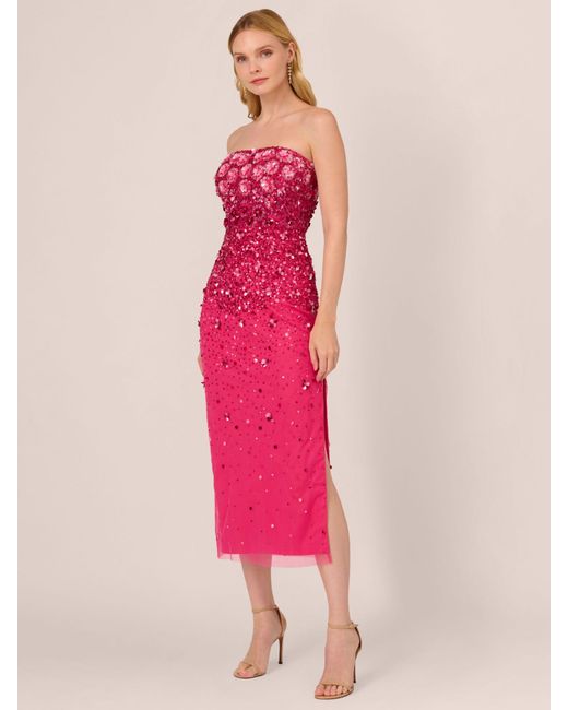 Adrianna Papell Pink Beaded Strapless Midi Dress