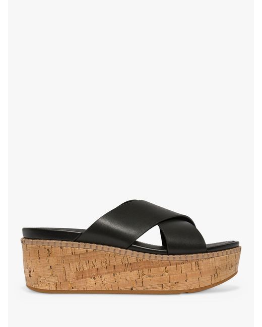 Fitflop Black Eloise Cross Leather Strap Cork Wedge Mules