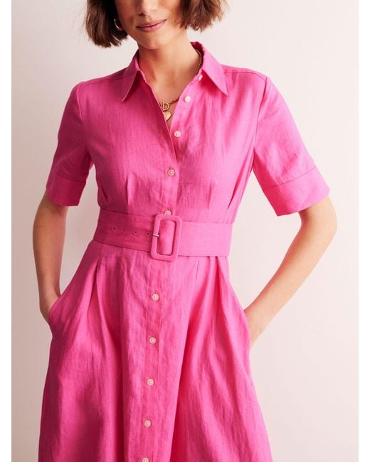 Boden Pink Louise Linen Midi Shirt Dress