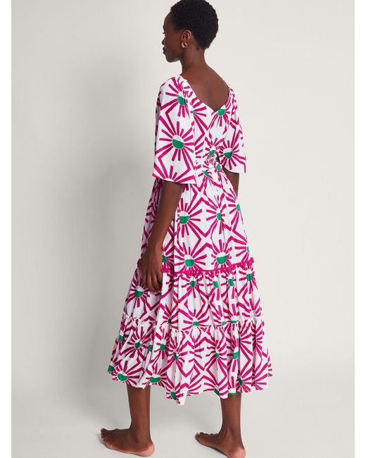 Monsoon Pink Zamora Geometric Sun Print Tiered Midi Dress