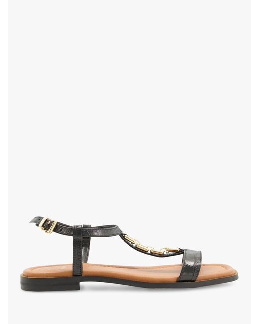 Dune White Lotty Leather Chain Detail T-bar Sandals