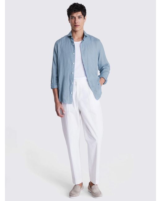 Moss Bros Blue Tailored Fit Linen Long Sleeve Shirt for men