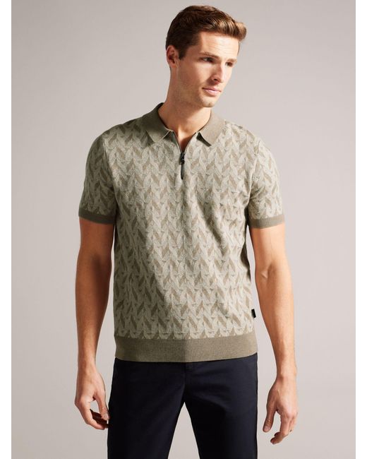 Ted Baker Natural Mitford Wool Blend Boucle Jacquard Zip Polo Shirt for men