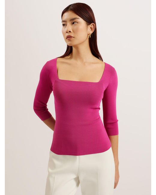 Ted Baker Pink Vallryy Square Neck Fitted Knit Top