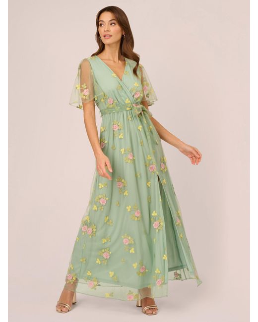 Adrianna Papell Green Embroidered Flutter Sleeve Maxi Dress
