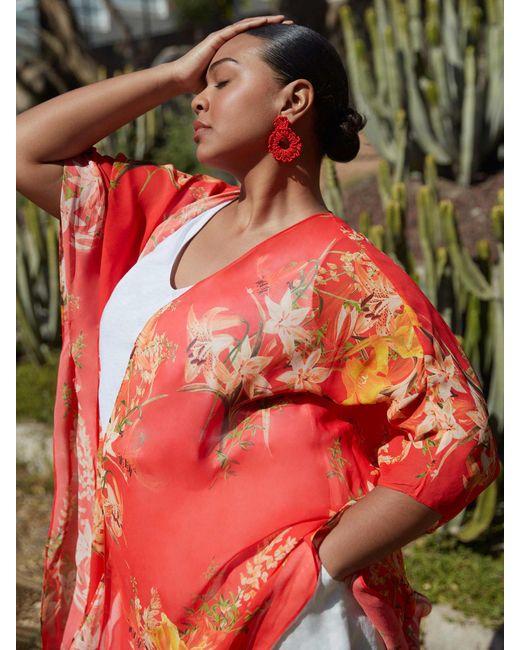 Live Unlimited Curve Tropical Floral Print Kimono Jacket in Red | Lyst UK