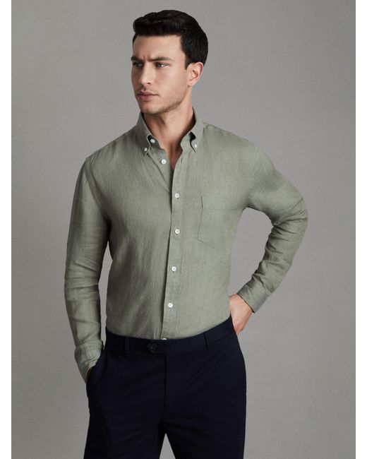 Reiss Gray Queen Long Sleeve Linen Shirt for men