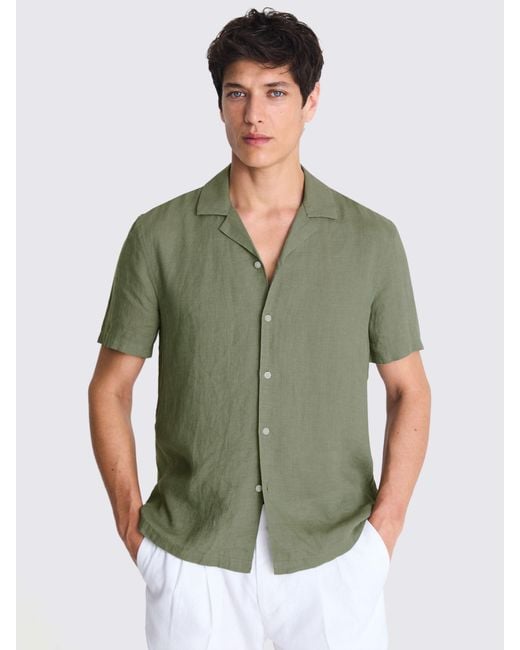 Moss Bros Green Linen Cutaway Collar Shirt for men