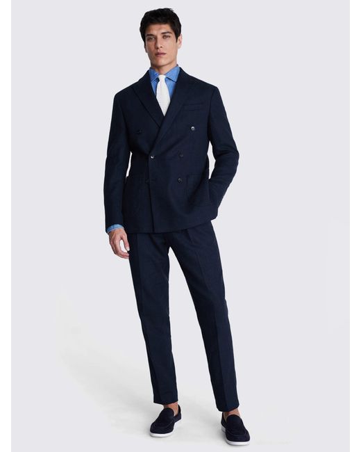 Moss Bros Blue Tailored Fit Double Breasted Herringbone Suit Jacket for men