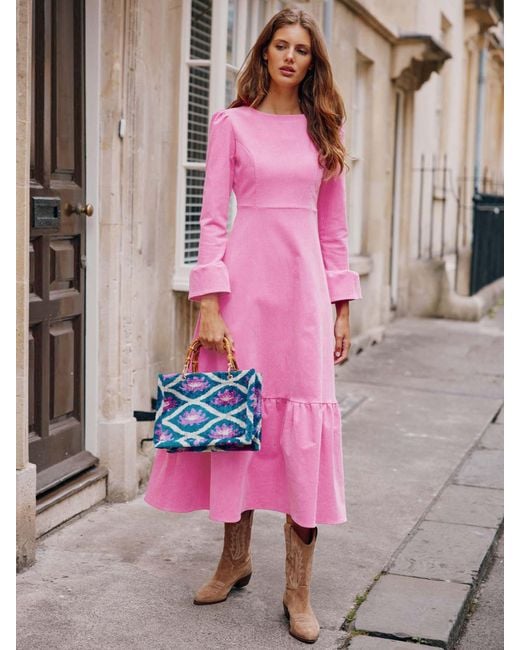 Aspiga Pink Victoria Round Neck Corduroy Midi Dress