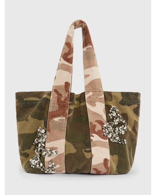 AllSaints Natural Airi Denim Camo Embellished Tote Bag