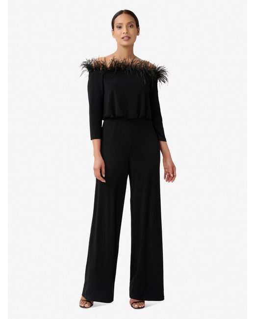Adrianna Papell Black Feather Trim Wide Leg Jersey Jumpsuit