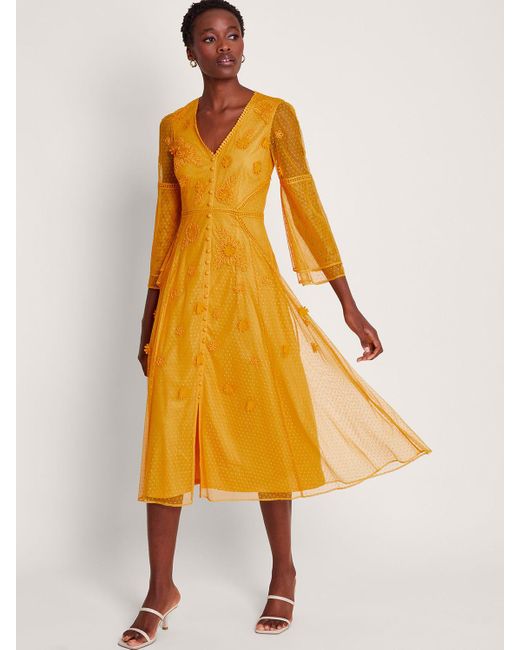 Monsoon Yellow Alba Embroidered Midi Tea Dress