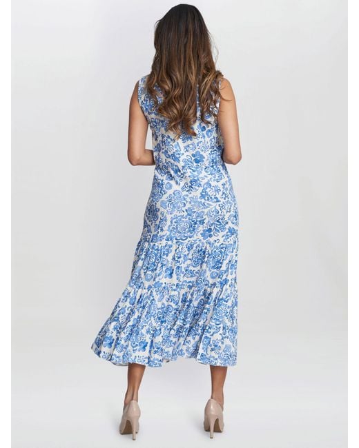 Gina Bacconi Blue Lolita Floral Print Sleeveless Midi Dress