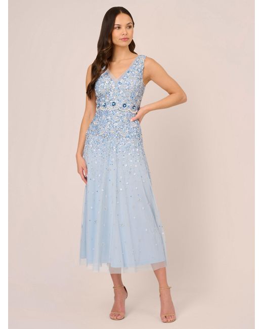 Adrianna Papell Blue Beaded Mesh Dress