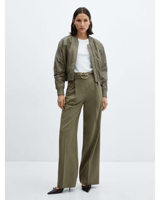 Mango Green Angie Belted Wide Leg Trousers
