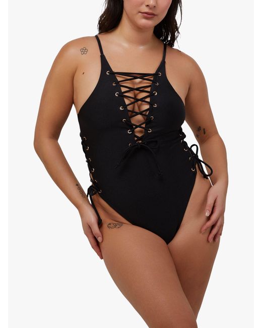 Wolf & Whistle Black Eden Fuller Bust Plunge Lace Up Swimsuit