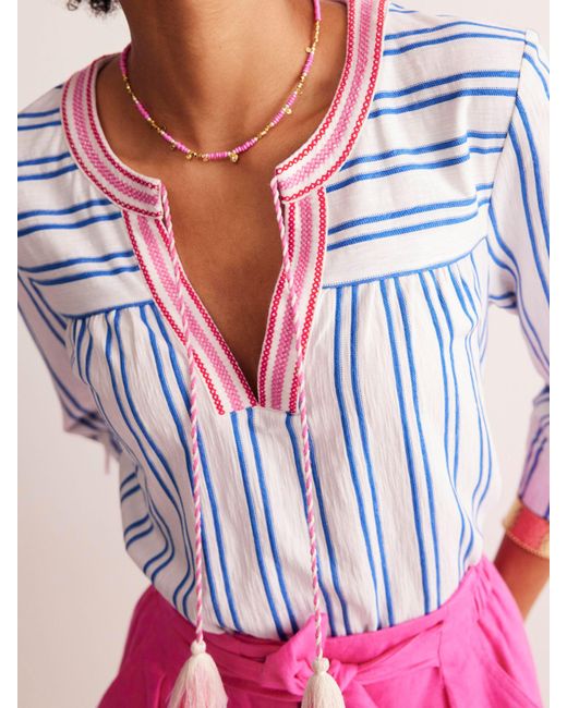 Boden Pink Stripe Embroidered Neck Top