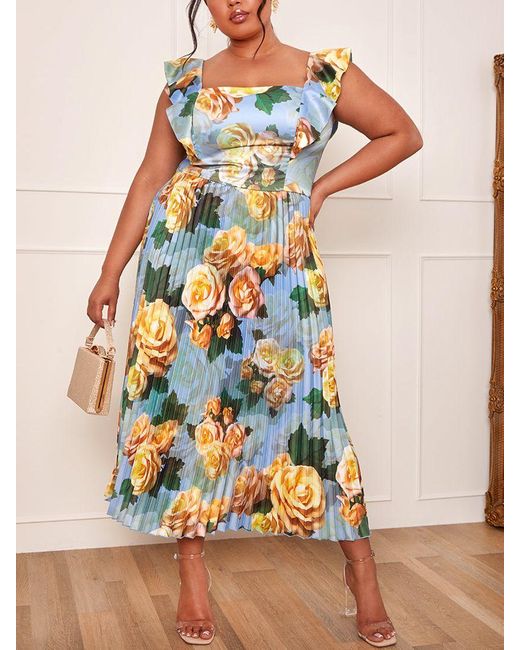 Chi Chi London Plus Size Ruffle Pleated Floral Midi Dress | Lyst UK