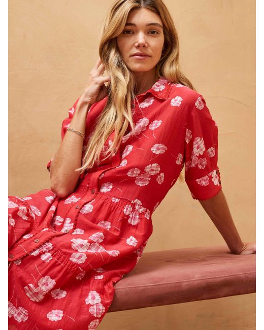 Brora Red Silk Cotton Blend Graphic Daisy Print Dress