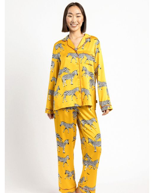 Chelsea Peers Yellow Zebra Long Shirt Satin Pyjama Set