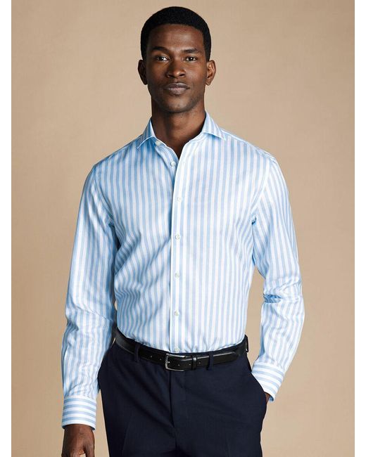Charles Tyrwhitt Blue Non-iron Long Sleeve Wide Stripe Shirt for men