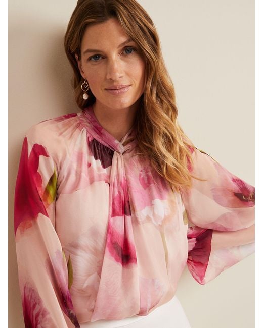 Phase Eight Pink Poppy Floral Silk Blouse