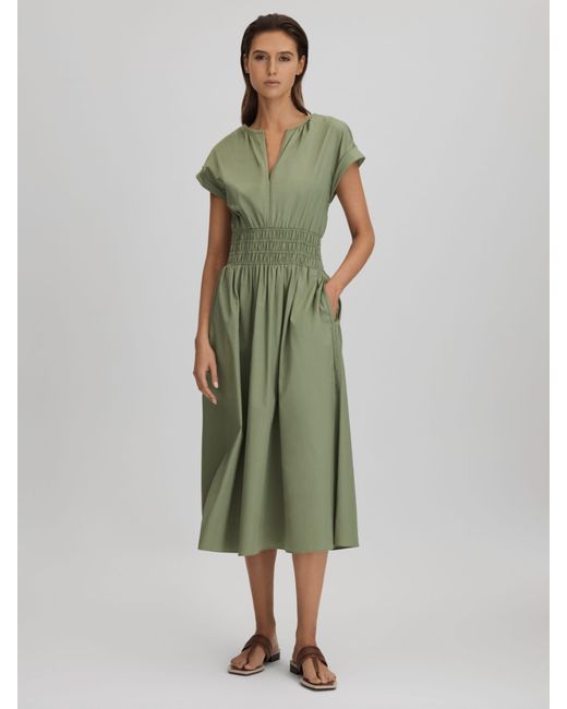 Reiss Green Lena Ruched Waist Cotton Midi Dress