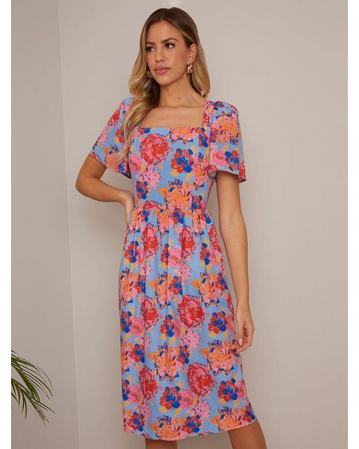 Chi Chi London Pink Petite Floral Print Square Neck Midi Dress