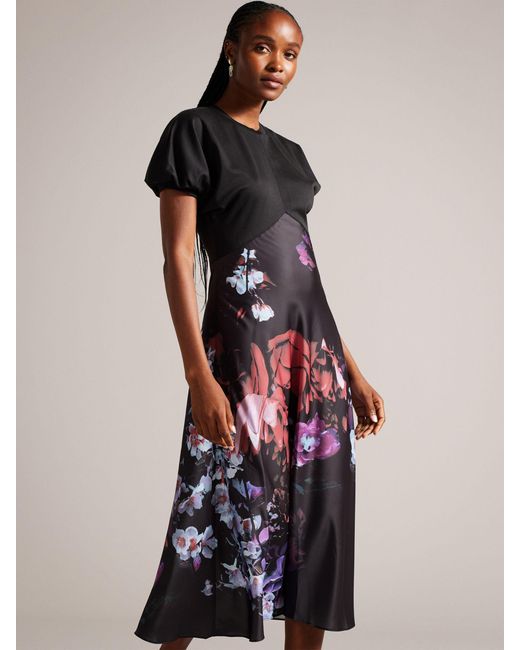 Ted Baker Multicolor Drewee Ponte Top With Floral Satin Skirt Midi Dress