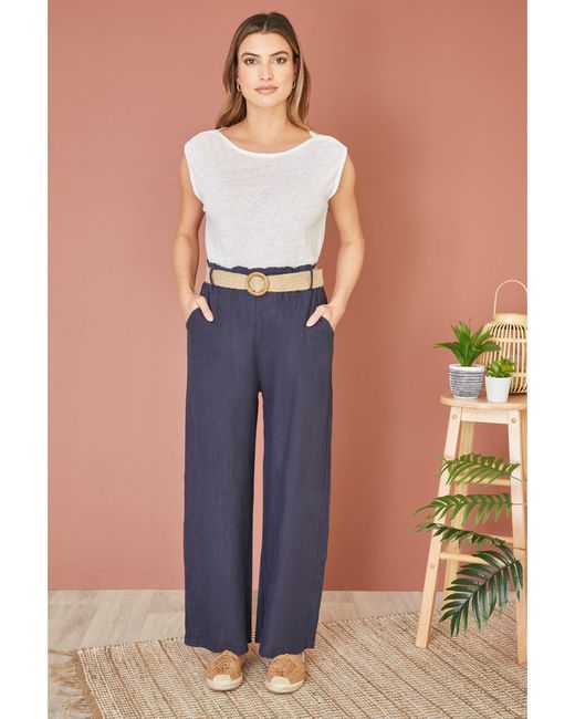 Yumi' Blue Italian Linen Wide Leg Trousers & Belt