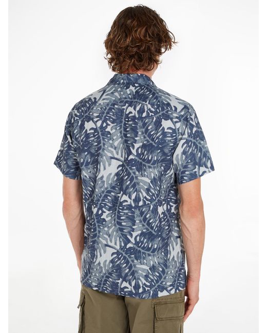 Tommy Hilfiger Blue Foliage Printed Linen Short Sleeve Shirt for men