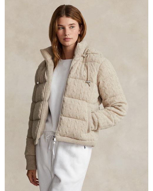 Ralph Lauren Natural Polo Cable Knit Down Hooded Coat