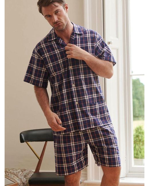 British Boxers Blue Chester Crisp Cotton Check Short Pyjamas for men