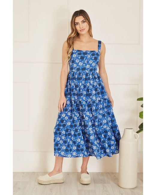 Yumi' Blue Cotton Floral Print Midi Sundress