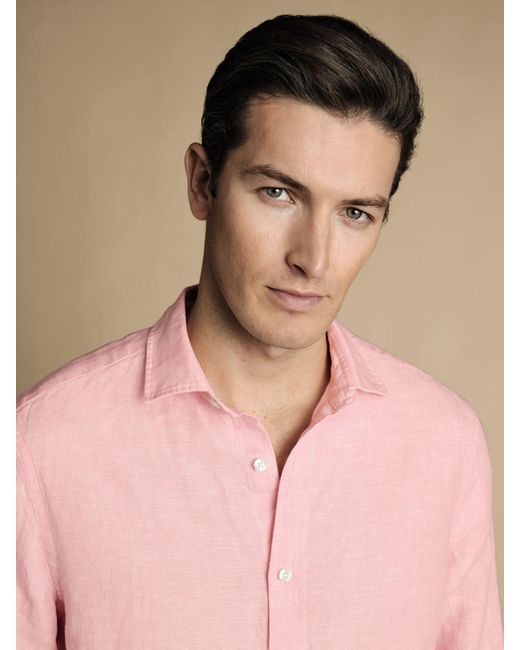 Charles Tyrwhitt Pink Linen Short Sleeve Slim Fit Shirt for men