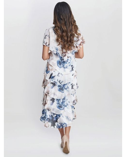 Gina Bacconi Blue Jocelyn Graphic Floral Tiered Midi Dress