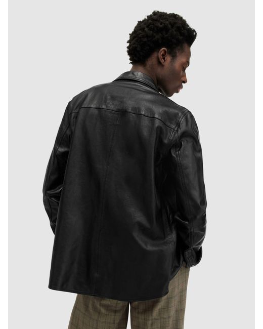 AllSaints Black Long Sleeve Ethan Leather Shirt for men