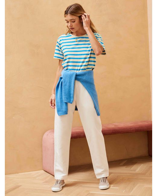 Brora Blue Cotton Linen Blend Breton Stripe T-shirt