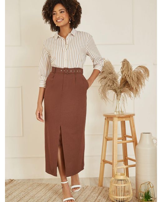 Yumi' Brown Tailored Front Split Belted Midi Skirt