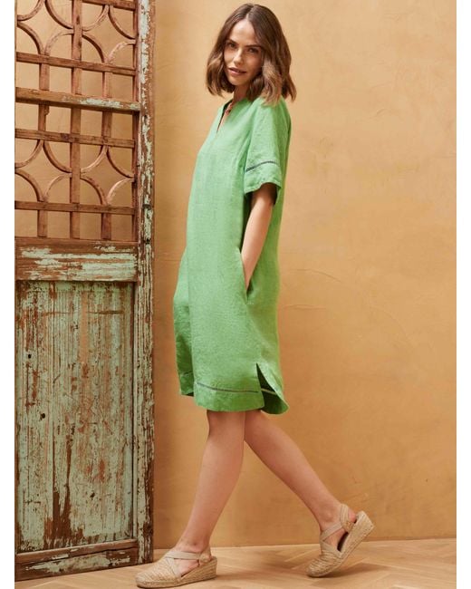 Brora Green Textured Stripe Linen Tunic Dress