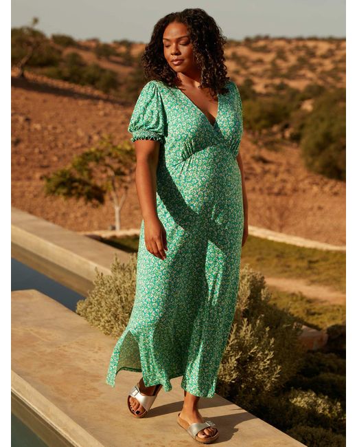 Live Unlimited Green Curve Ditsy Jersey Shirred Cuff Maxi Dress
