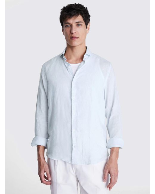 Moss Bros White Tailored Fit Linen Long Sleeve Shirt for men