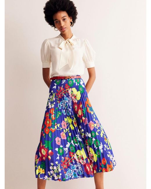 Boden Blue Floral Print Pleated Midi Skirt