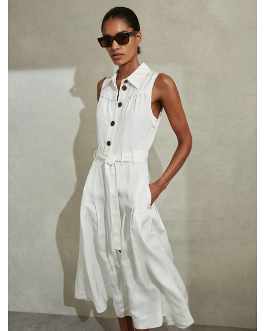 Reiss White Petite Heidi Linen Blend Sleeveless Midi Shirt Dress
