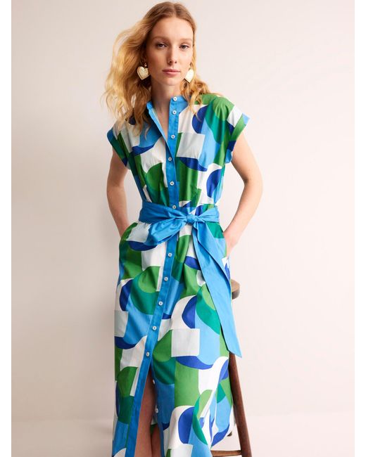 Boden Blue Amanda Cotton Geometric Swirl Midi Shirt Dress